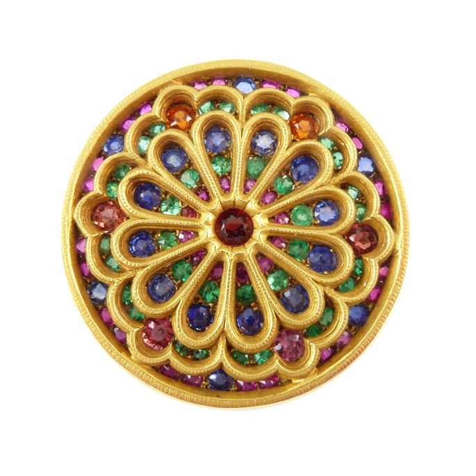 19th century sapphire, ruby, emerald, gem and gold gothic revival brooch, c.1880, in the form of a round stained glass church window, | MasterArt